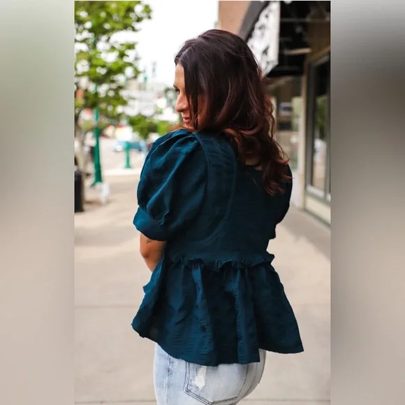 NWT Entro Teal Blouse with Puff Sleeves - Picture 3 of 6